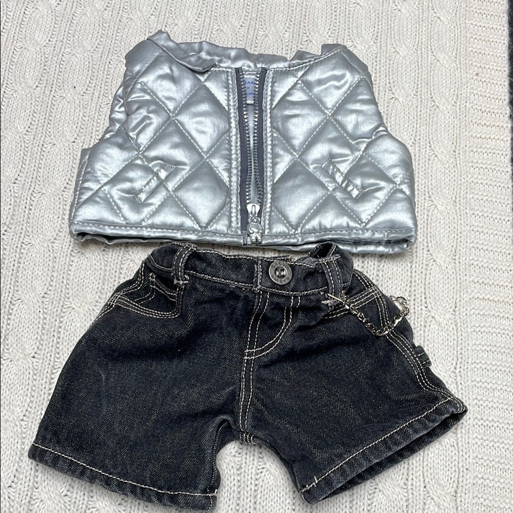 Build a Bear black denim jeans & silver puffer vest chain/pocket detail- jeans